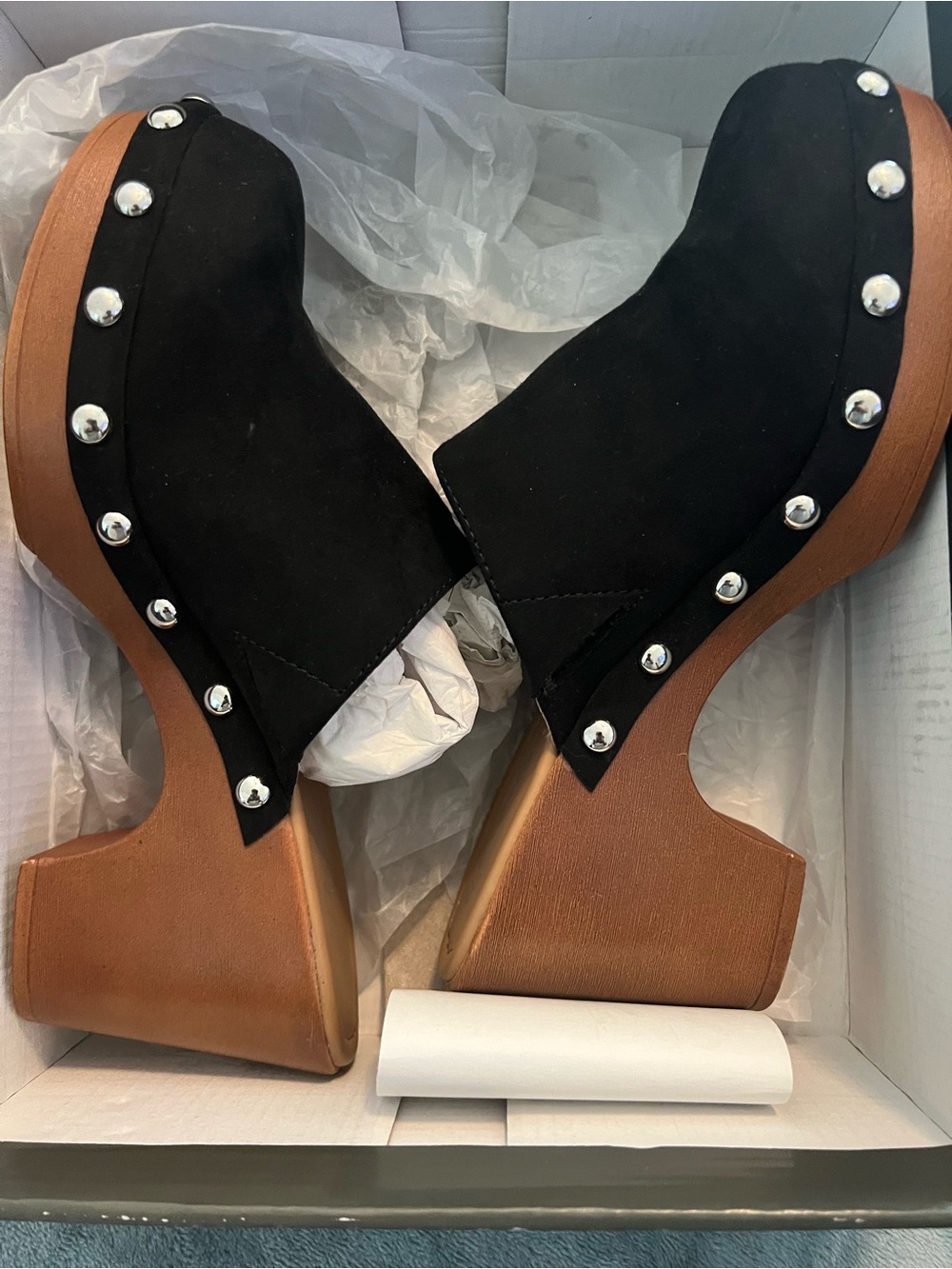 Wonderly Black Suede Studded Clog Mules with Wood-Tone Platform 7.5M